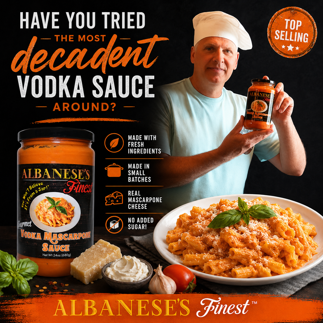 Darrin Albanese in chef's hat holding Albanese's Finest Vodka Mascarpone Sauce