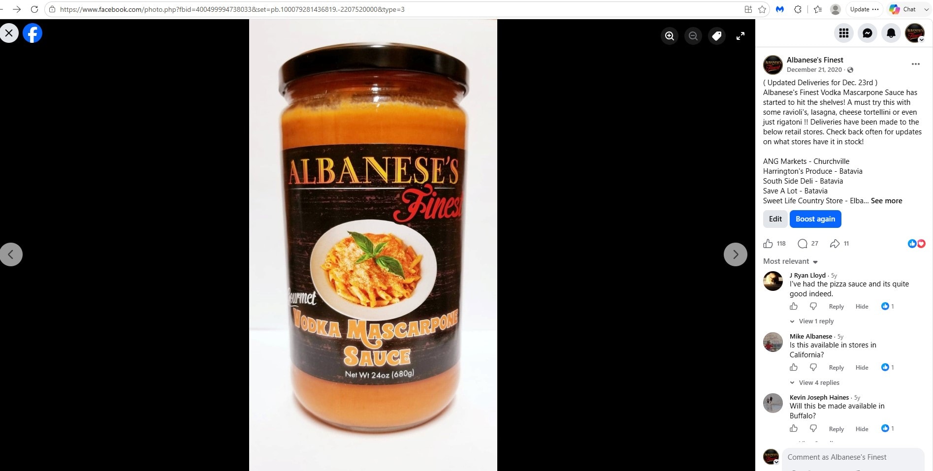 Facebook post from December 21, 2020 — Albanese's Finest Vodka Mascarpone Sauce jar photo with 118 likes, 27 comments, and 11 shares. Caption announces the sauce has started hitting shelves at retail locations including ANG Markets, Harrington's Produce, South Side Deli, Save A Lot, and Sweet Life Country Store.