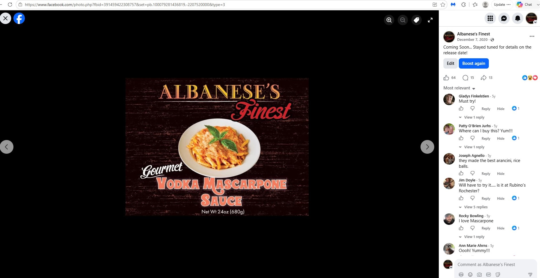 Facebook post from December 7, 2020 — Albanese's Finest announces Gourmet Vodka Mascarpone Sauce with 64 likes, 15 comments, and 13 shares. Caption reads: 'Coming Soon... Stayed tuned for details on the release date!'
